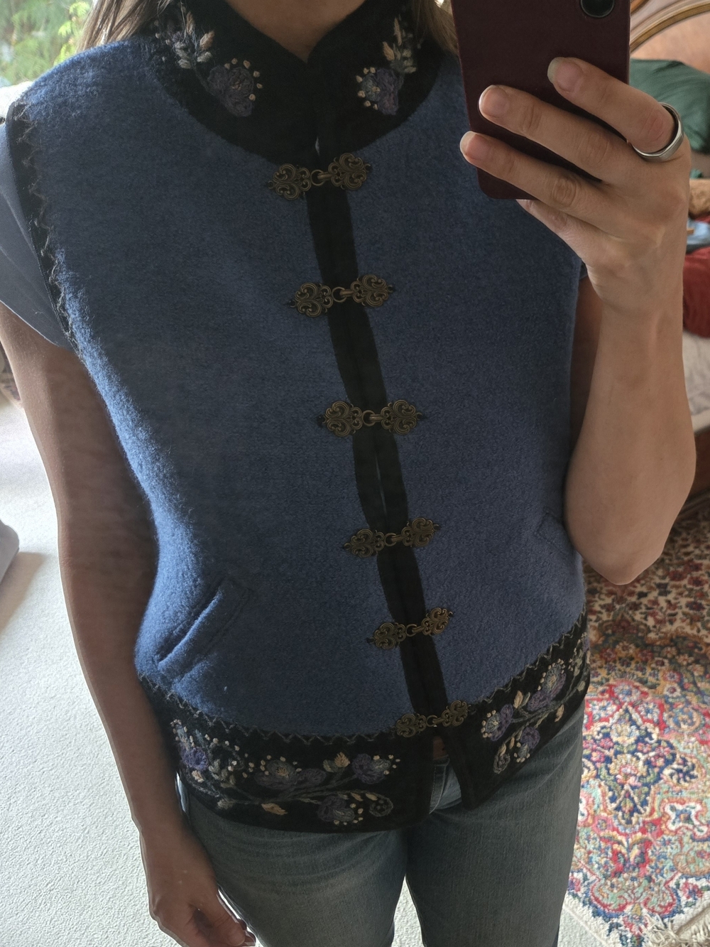 Blue Embroidered Women’s Vest with Decorative Frog Closures - Picture 12 of 13